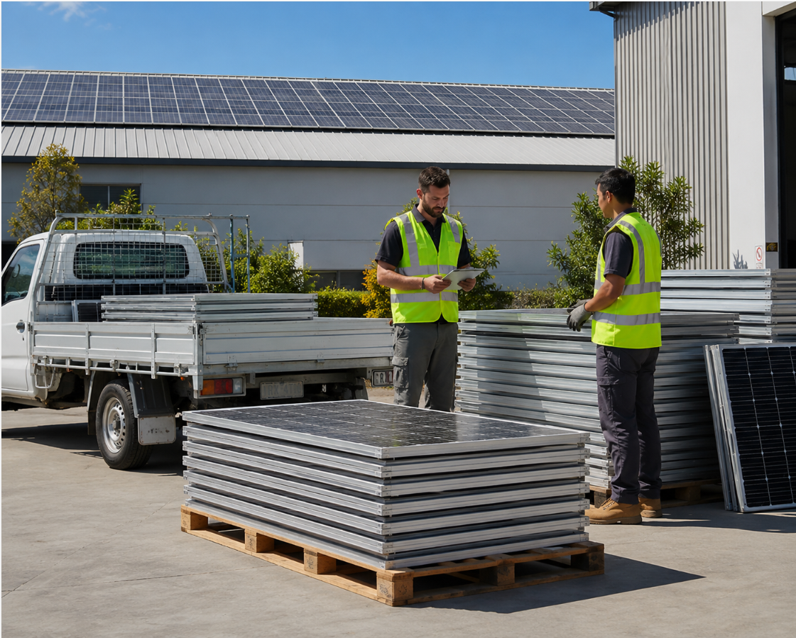 Commercial pickup team with stacked used solar panels at a business site