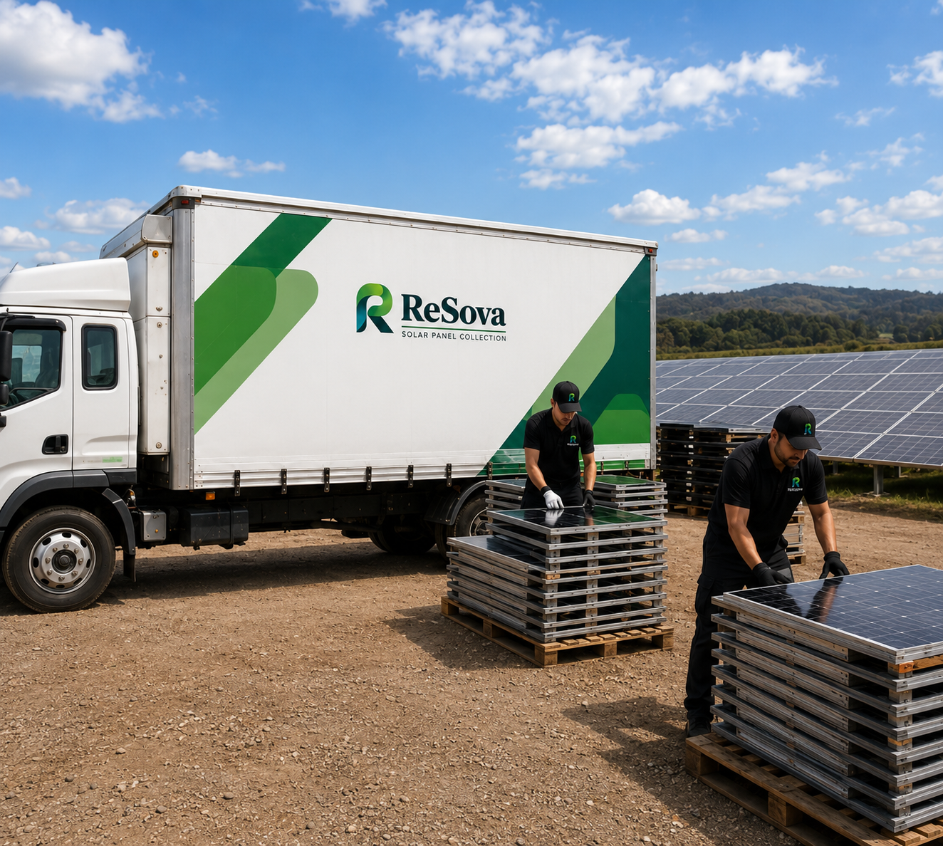 ReSova team collecting used solar panels beside a truck at a solar farm